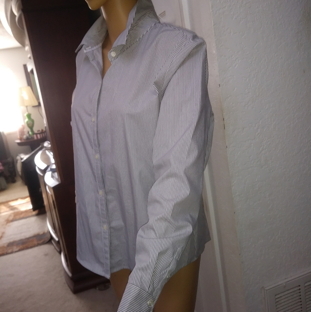 Liz Claiborne Stretch XL Grey White Striped Button